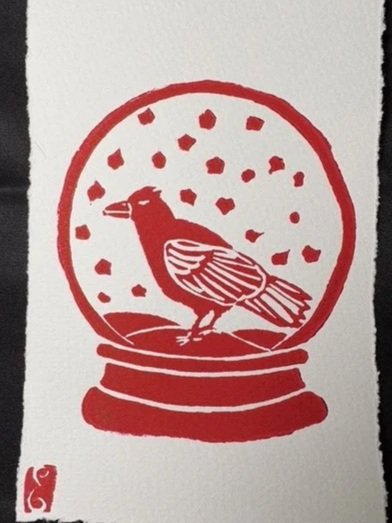 Raven Snowglobe Original Linocut Print - 4 by 6