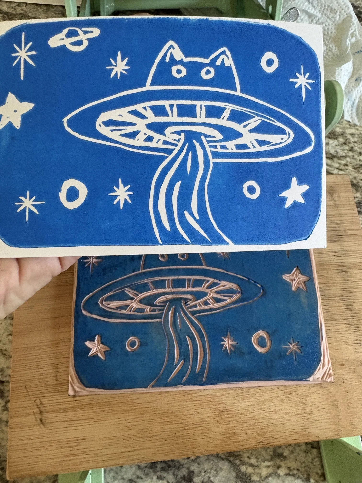 Blue UFO Cat Printmaking Art Oracle Emily Linocut Art
