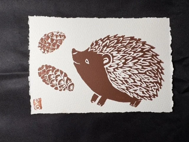 Woodland Hedgehog Linocut Print - 4 by 6 Original Art