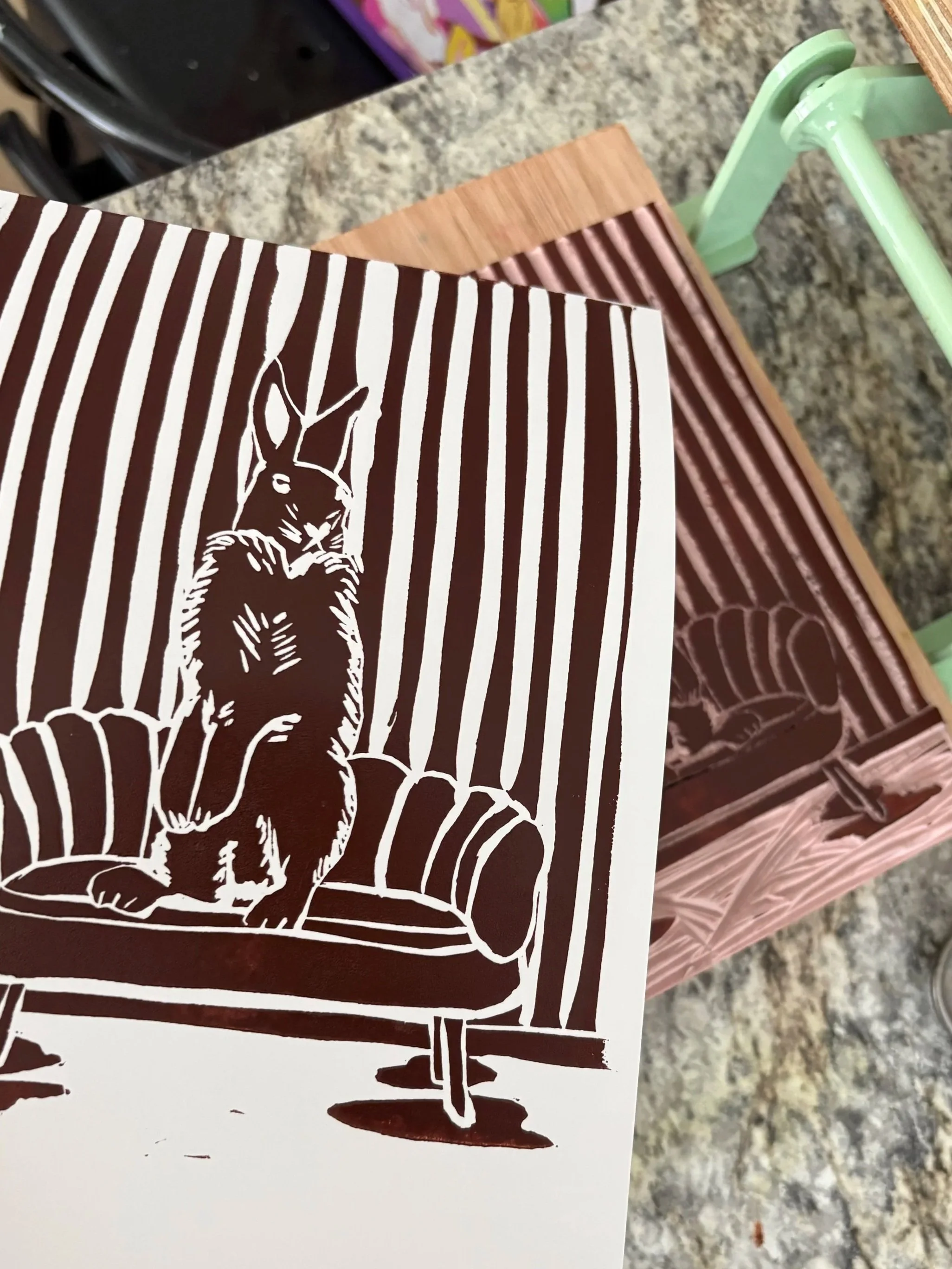 Hare on Chair Print For Sale - Indian Red by Art Oracle Emily - Artist located in Bend Oregon