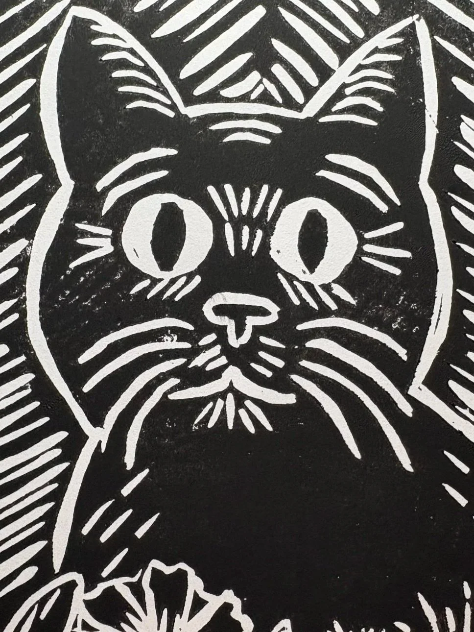 Cat in the Flowers Art Oracle Emily Original Linocut Print
