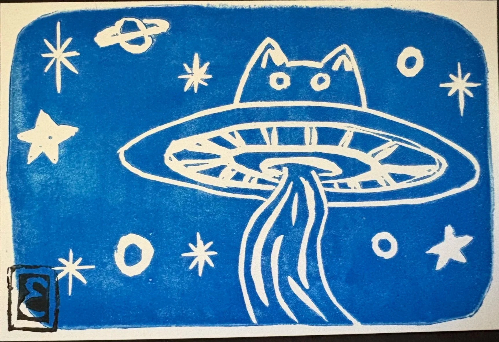 UFO+Cat+linocut original art