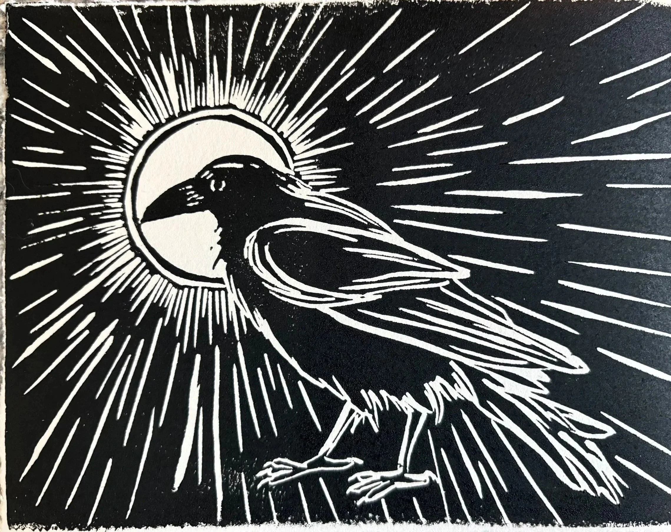 Art Oracle Emily - Oracle Crow Linocut - Black and White