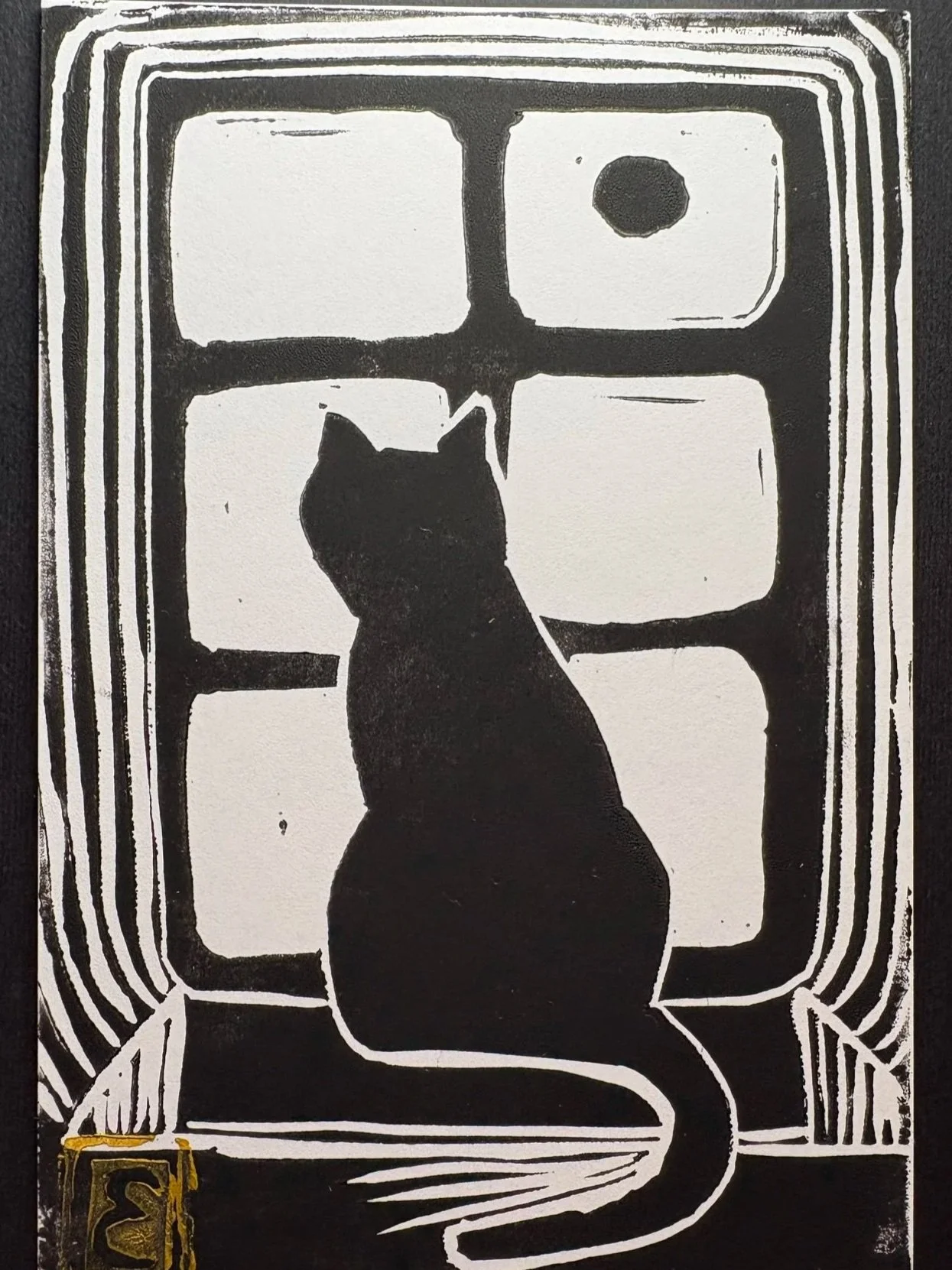 The Gazing Oracle Cat Original Linocut Print