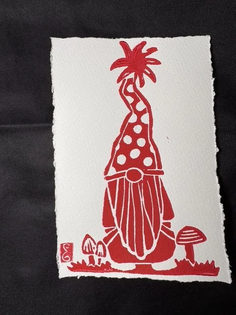 Red Whimsical Gnome Linocut Print 4 by 6