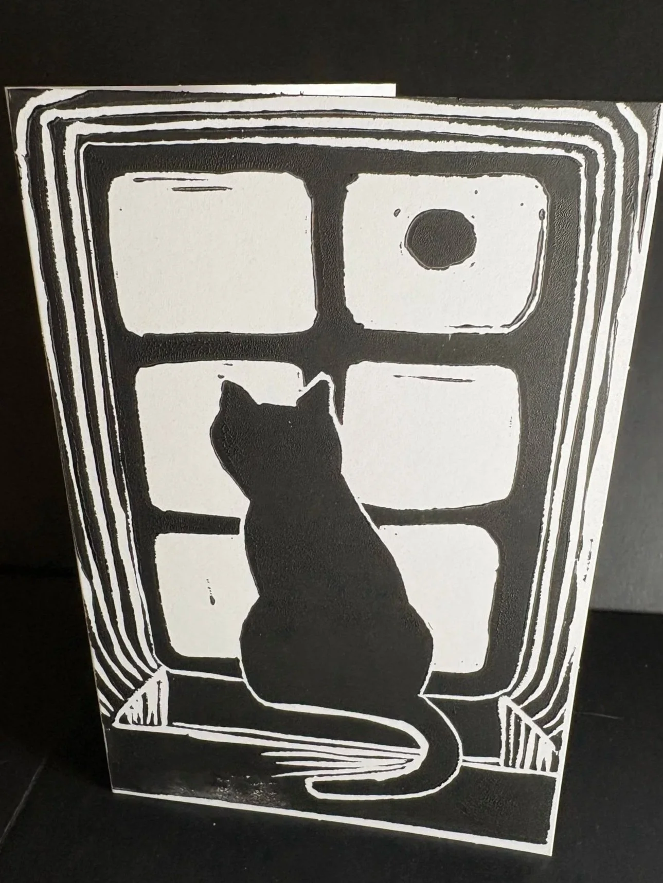 The Gazing Oracle Cat Original Linocut Greeting Card