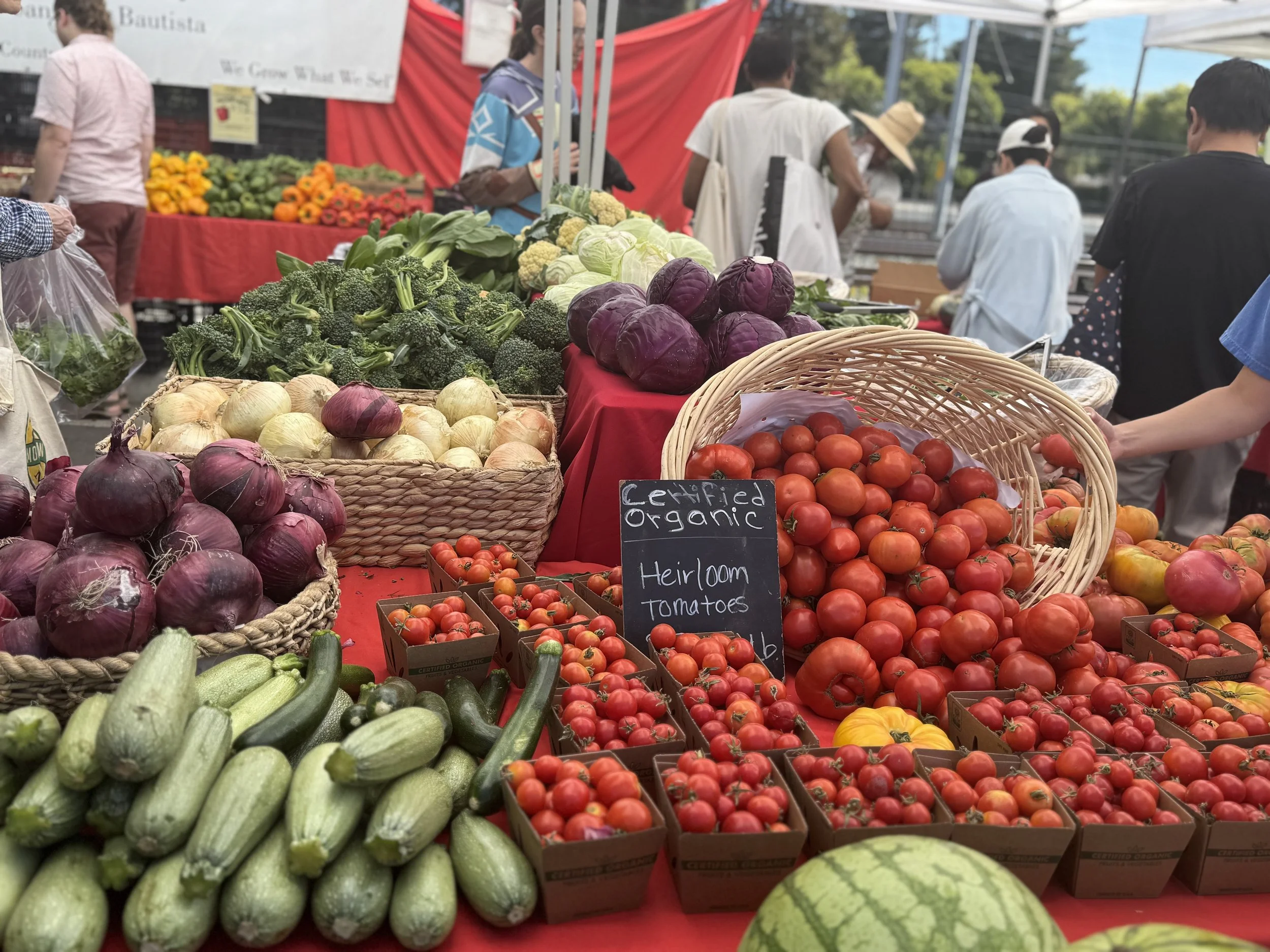 Market stall featuring organic heirloom tomatoes, zucchini, onions, broccoli, purple cabbage, and other vegetables at an outdoor farmers market.