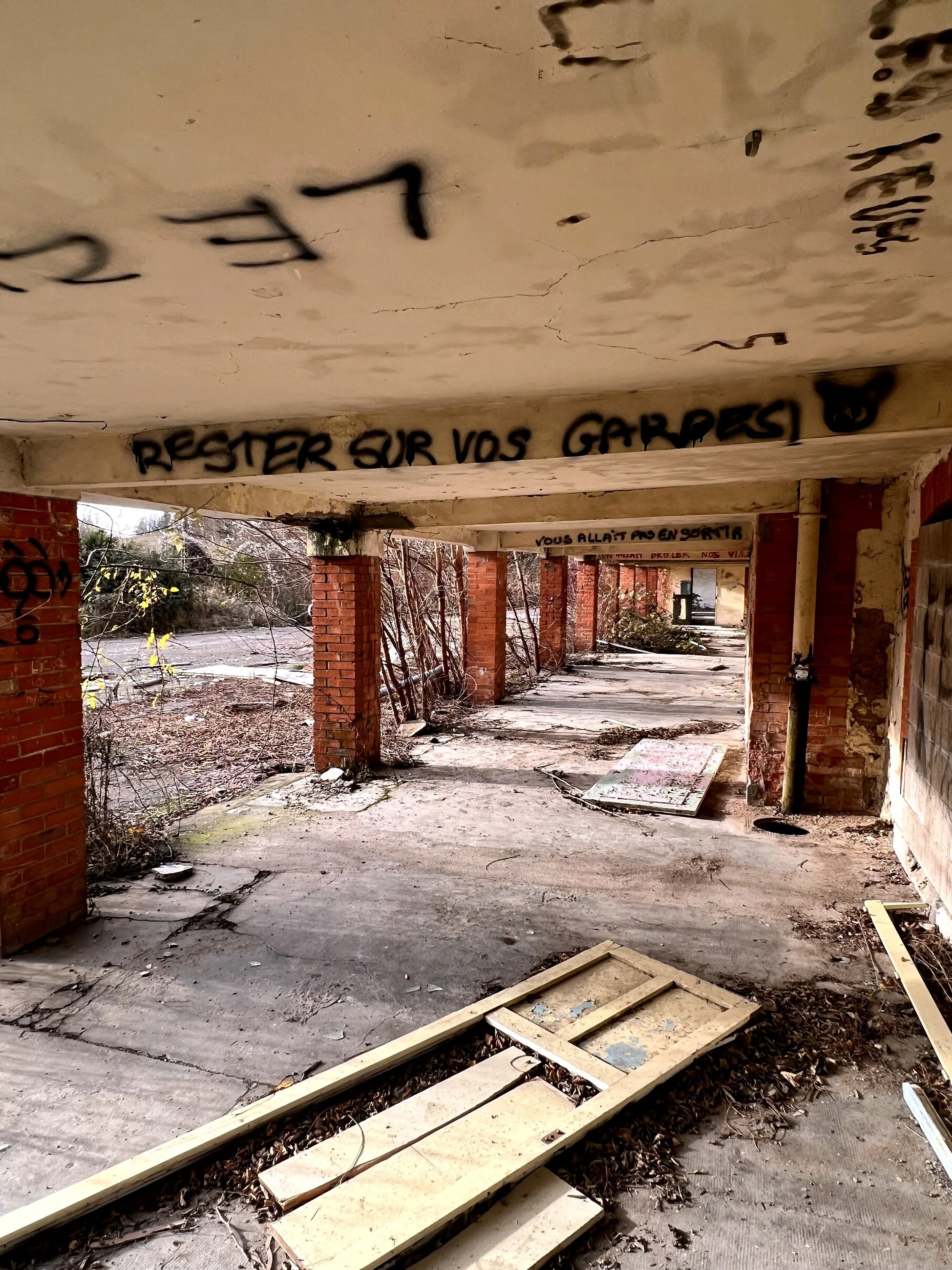 Un bâtiment en ruines avec des murs en briques rouges et un plafond en béton blanc avec des graffitis en spray noir. Le sol est en béton, jonché de débris et de feuilles mortes. À l'extérieur, des arbres et des branches mortes sont visibles, ainsi qu