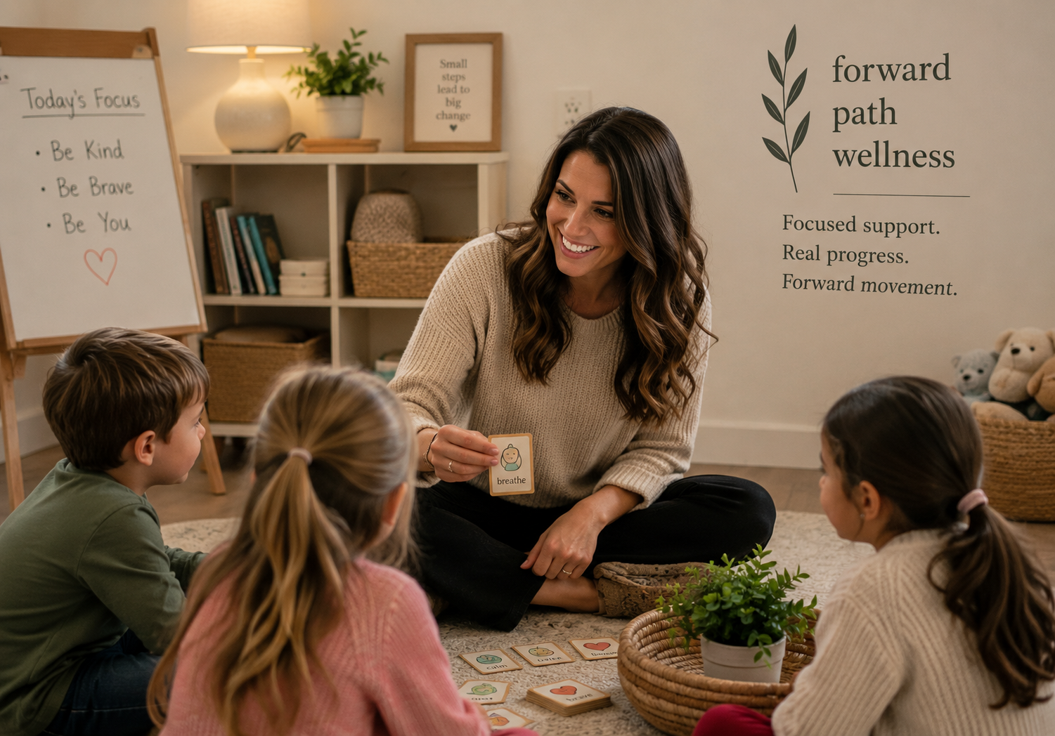 A woman teaching therapy using flashcards to four children sitting on the floor in a cozy room. Background includes a whiteboard with focus points, a lamp, shelves with books and baskets, and a wall decal with the words 'forward path wellness' and supportive phrases.