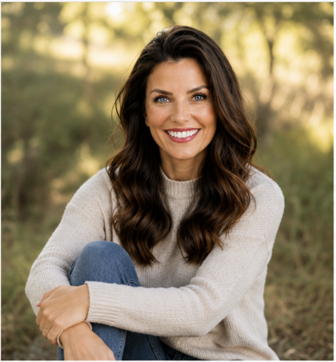 Young woman with long dark hair, smiling, wearing a beige sweater and blue jeans, sitting outdoors in a natural setting with trees and sunlight in the background.