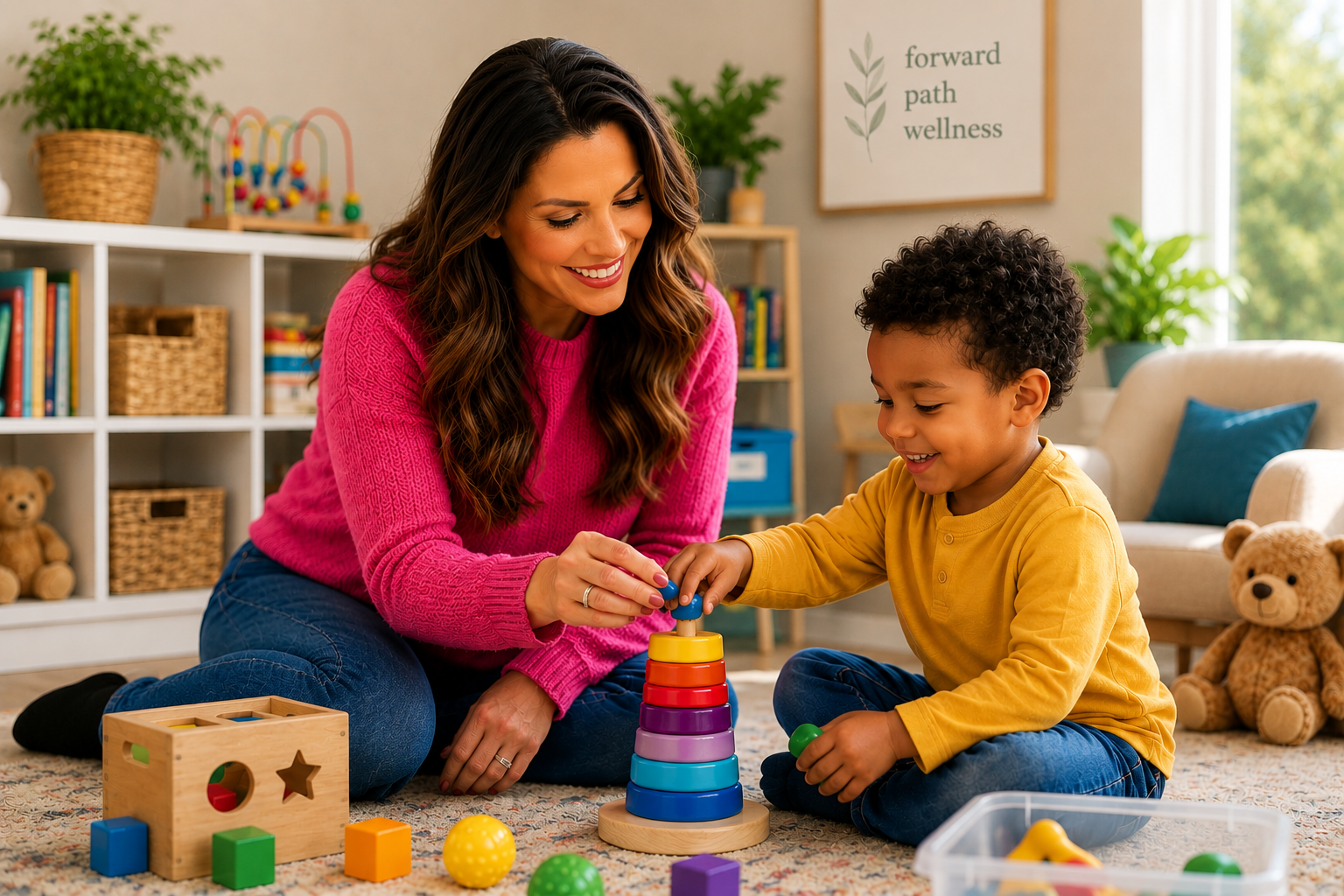 A woman and a young boy playing with a colorful stacking ring toy indoors, surrounded by books and stuffed animals.