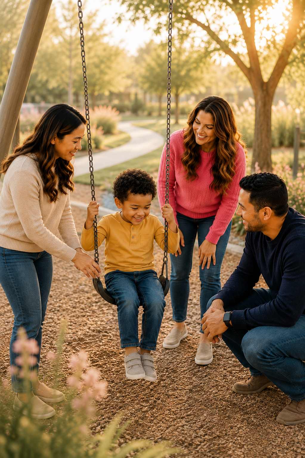 Family of four at a playground, with a young boy on a swing, two women, and a man smiling and interacting with him during sunset.