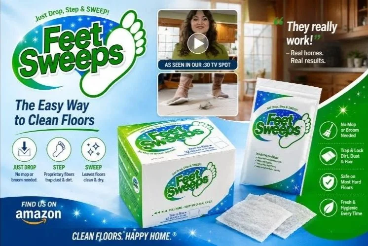 Advertisement for Feet Sweeps, a product for cleaning floors, featuring a box of cleaning sheets, a wipe, and a woman in a kitchen, with icons indicating no mop needed, trap and lock dirt and dust, and safe on hard floors.