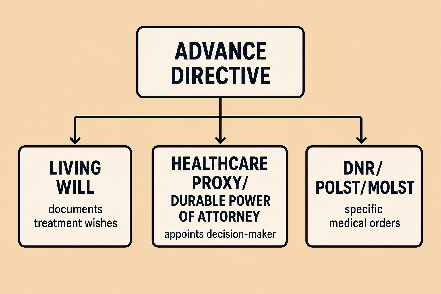 Flowchart showing the components of an advance directive, which includes living will, healthcare proxy/durable power of attorney, and DNR/POLST/MOLST with descriptions of documents, medical orders, and appointment of decision-maker.