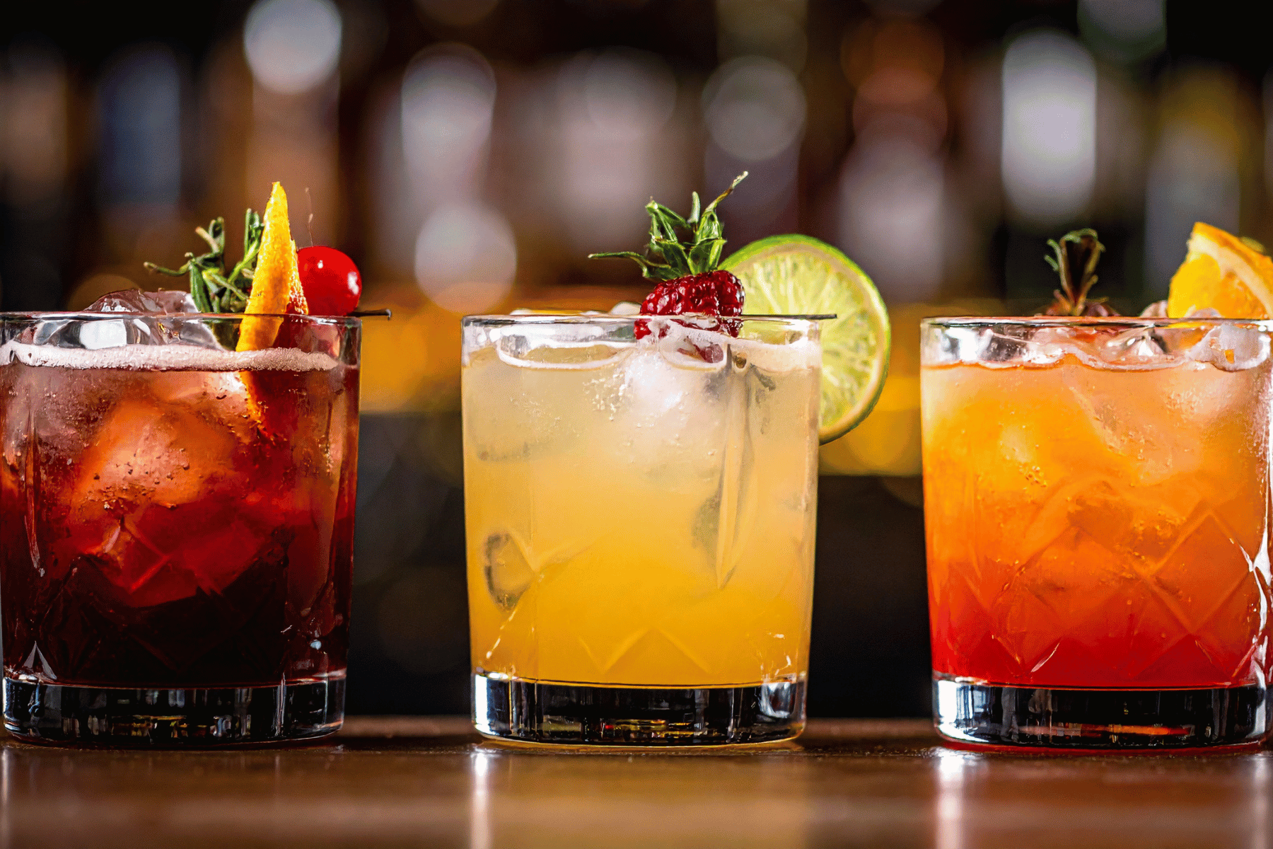 Three colorful cocktails with ice, garnished with fruits like cherry, lime, and orange, on a dark surface with a blurred, bokeh background.