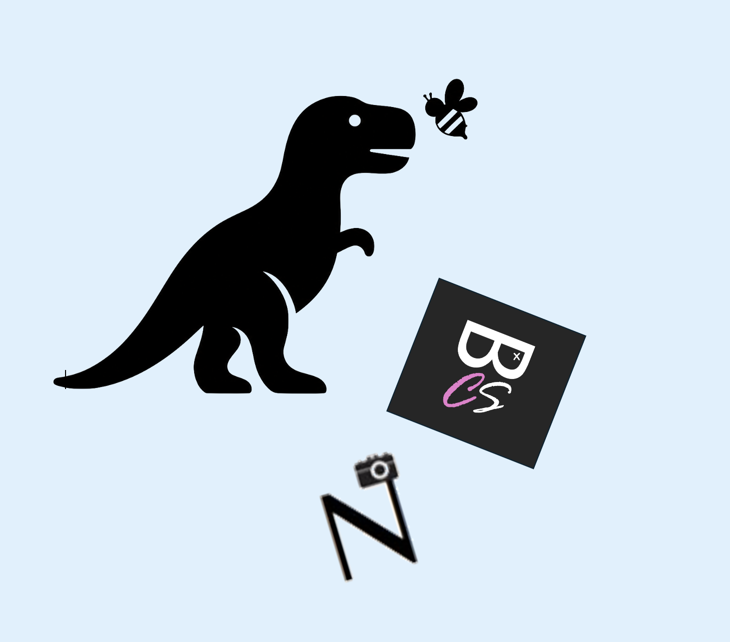 Silhouette of a T-Rex dinosaur looking at a bee, with a camera icon and a sign that says 'B CS' with a pink 'C' and a yellow 'N' in the background.