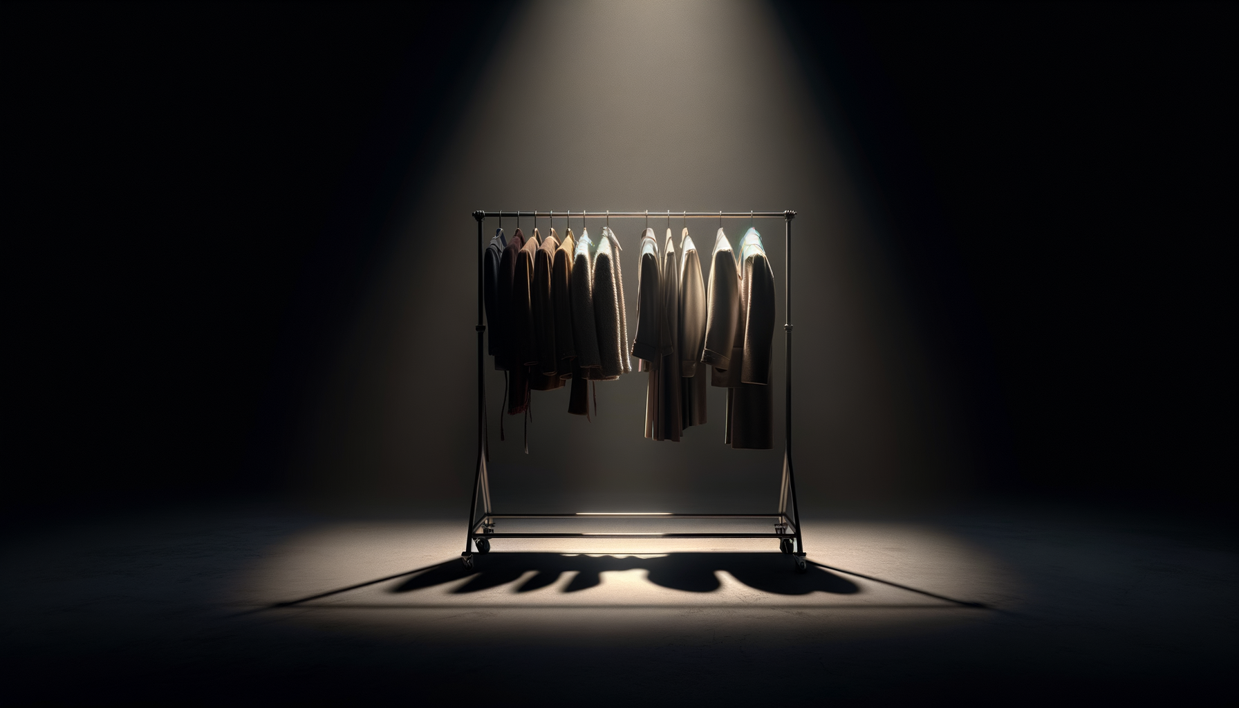 Clothing rack with various coats and jackets hanging, illuminated by a spotlight in a dark room, casting shadows.
