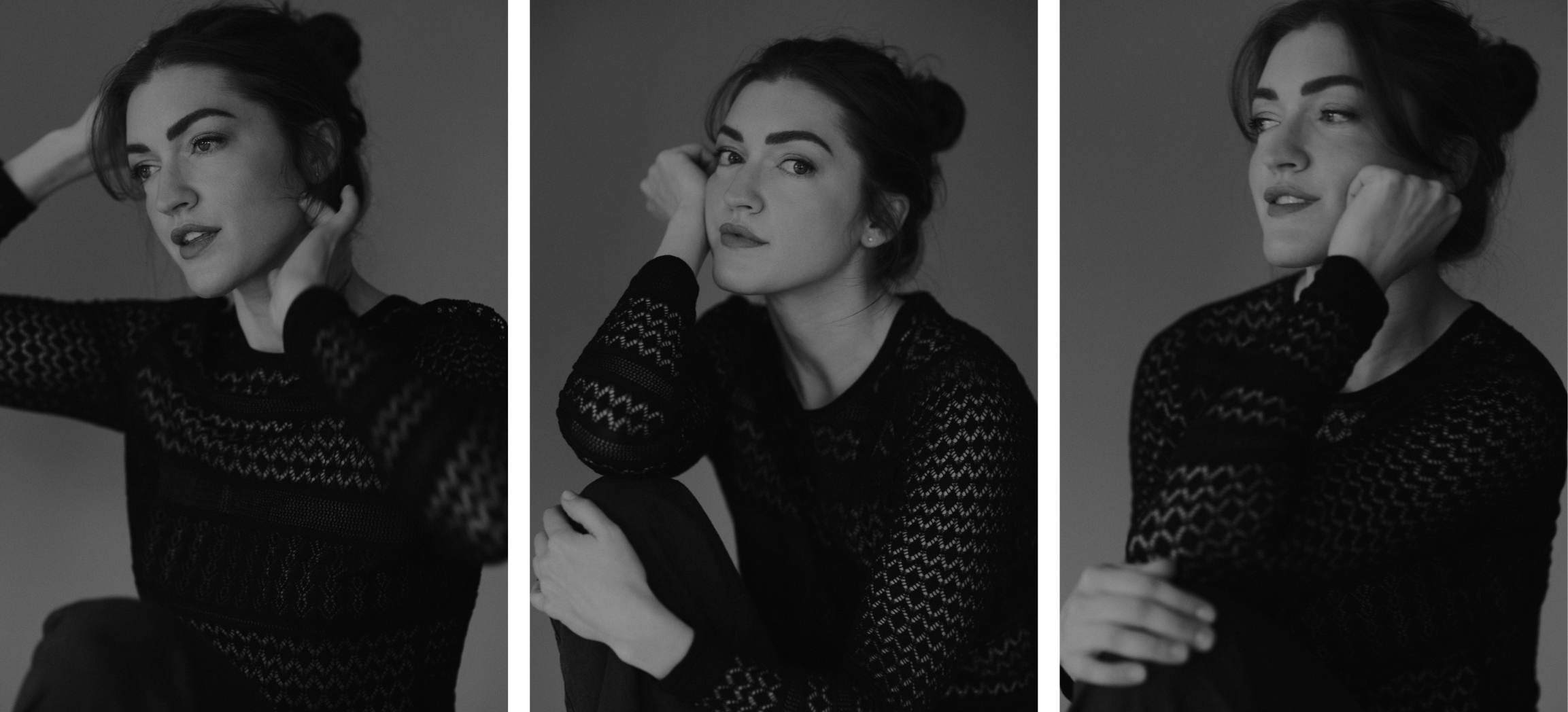 A black and white triptych of a woman with dark hair styled in an updo, wearing a black lace long-sleeve top, posing with different facial expressions and hand positions against a plain background.