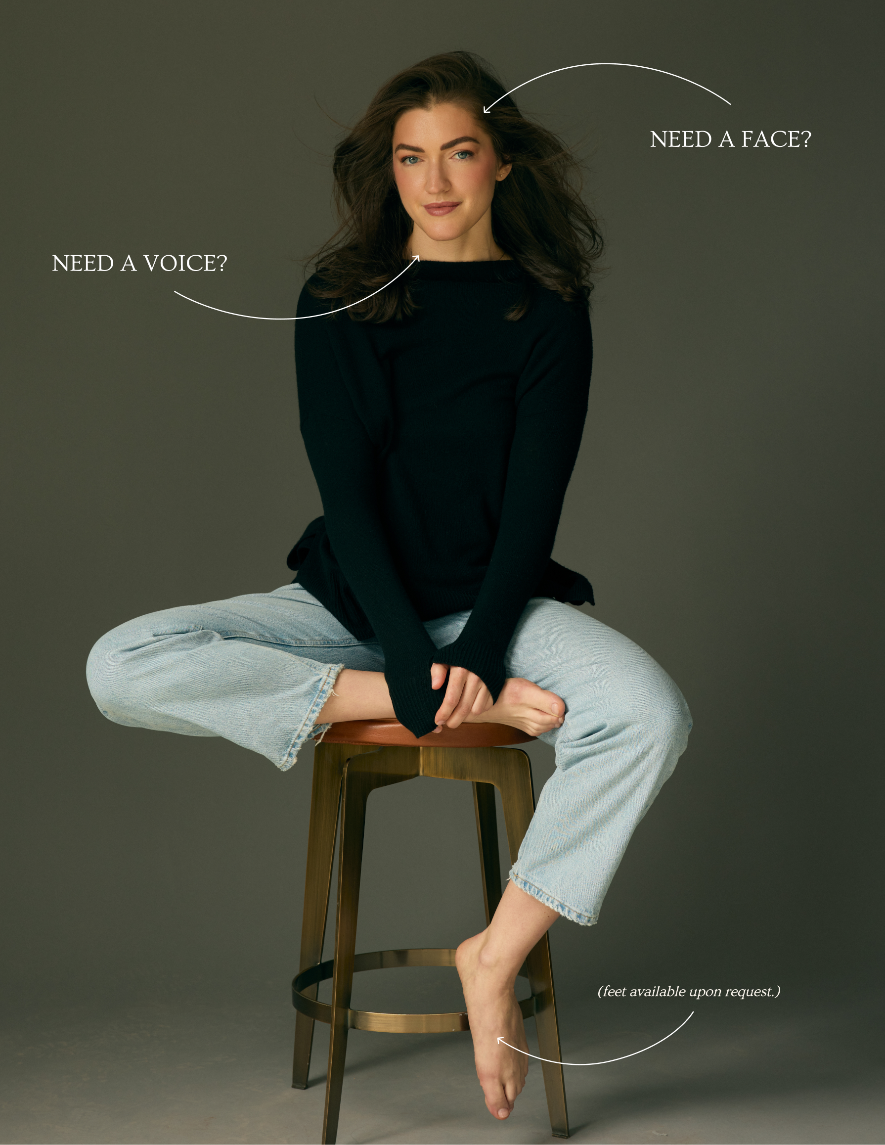 A woman with brown hair sitting on a wooden stool against a plain dark background. She wears a black long-sleeve shirt and light blue jeans. The image has annotations asking if a face, voice, and feet are needed, with the feet annotation noting feet are available upon request.
