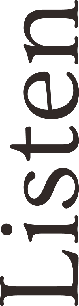 The image features the word 'LISTEN' written vertically in large, bold black letters on a white background.