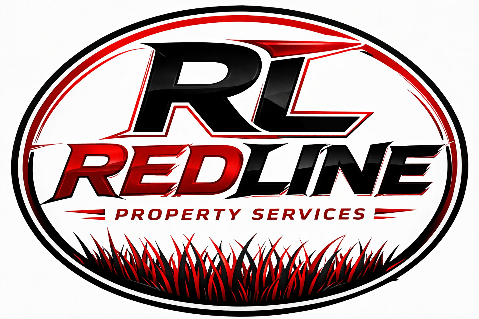 Logo for RIL Redline Property Services, featuring red and black text inside an oval with grass at the bottom.