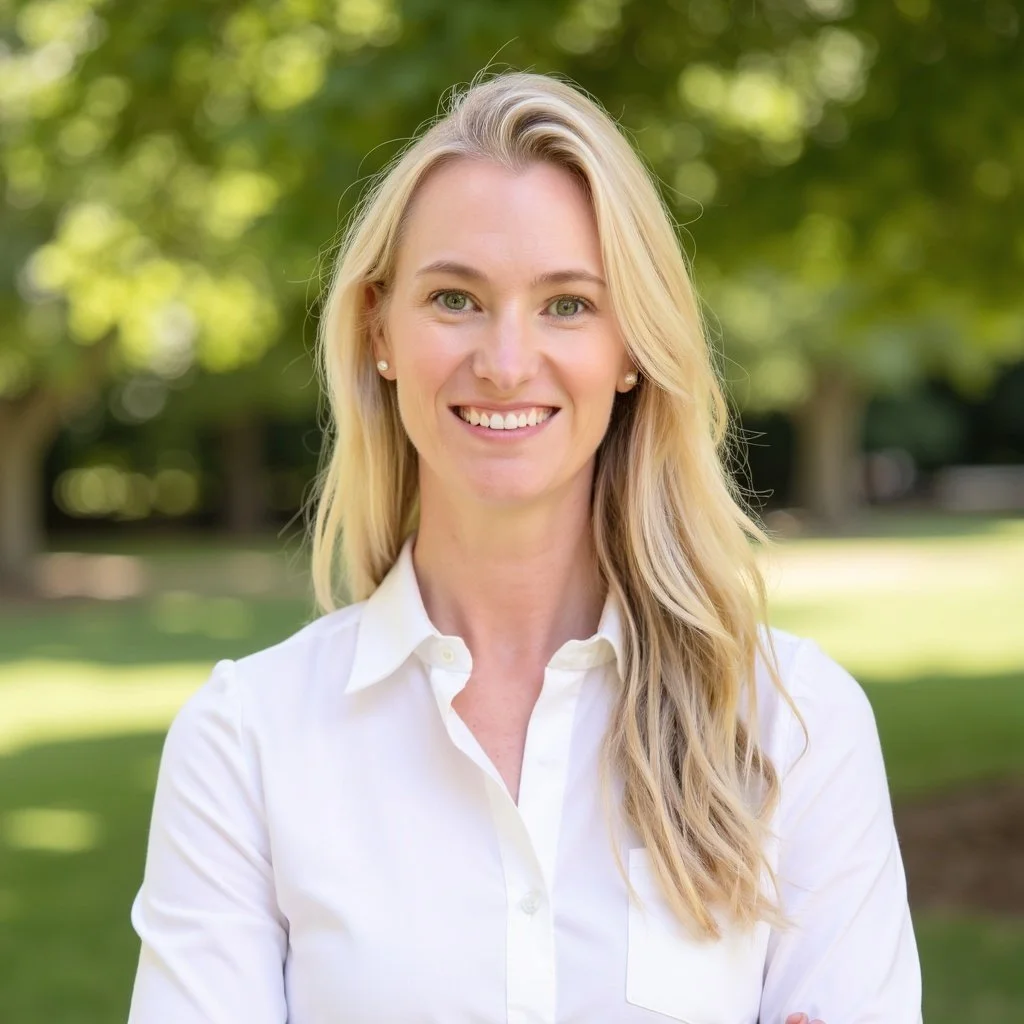 A smiling blonde woman wearing a white blouse standing outdoors with trees and greenery in the background.