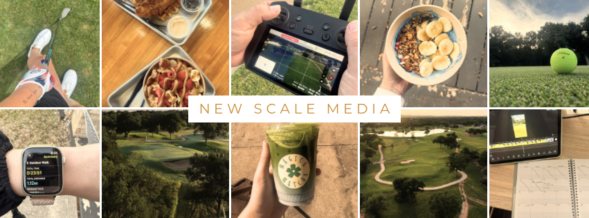 A collage of nine images featuring outdoor activities and digital devices, with the central overlay reading 'New Scale Media.' The images include a person in golf shoes, a tray of food, a drone controller, a bowl of cereal with bananas, a tennis ball on a field, a smartwatch showing a run, a golf course, a hand holding a green smoothie, a golf course with a cart path, and a laptop with charts.