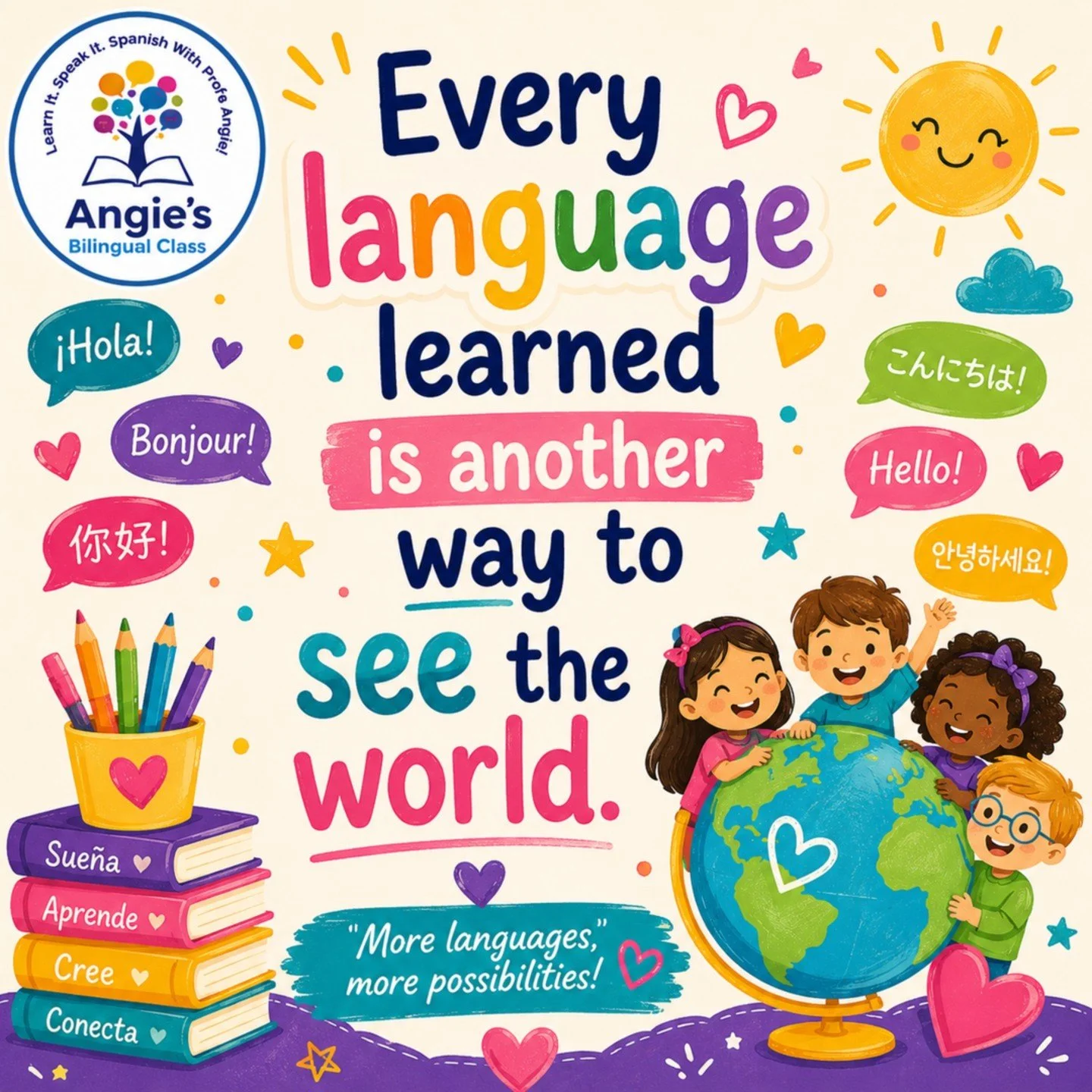 Every language opens a new window to the world. 🌎
💛 When children learn another language, they are not just learning words &mdash; they are building confidence, connection, curiosity, and a bigger way to see the world. 
At Angie&rsquo;s Bilingual C
