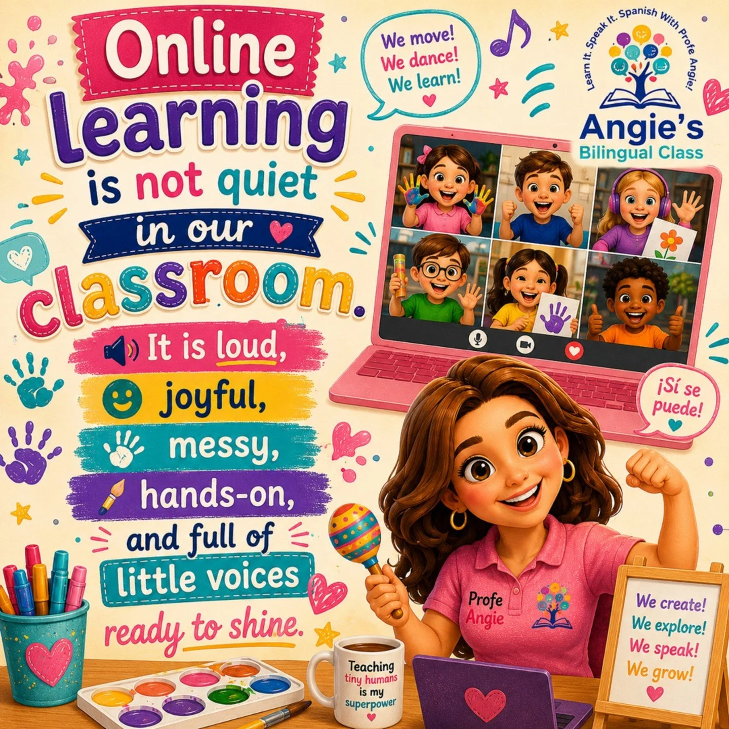Ever wonder what online learning really looks like? 💻
✨ Do you picture children sitting quietly and staring at a screen all day?
Nope. 💛 In our classroom, online learning looks like:
🎨 messy hands
🎵 dancing and singing
🖍️ hands-on projects
🌈 lo
