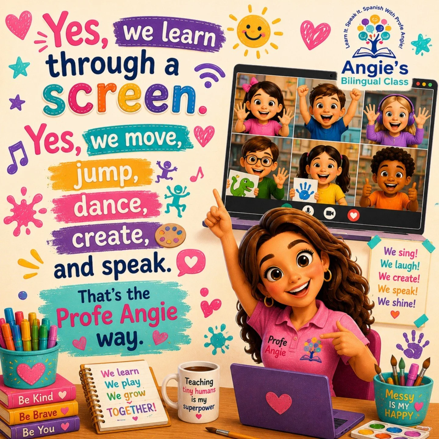 💻✨ The Profe Angie way?
It&rsquo;s loud. Joyful. Hands-on. Full of movement, music, laughter, and little voices learning to shine. 
🌈 At Angie&rsquo;s Bilingual Class, online learning is never &ldquo;just sitting in front of a screen.&rdquo;
We mov