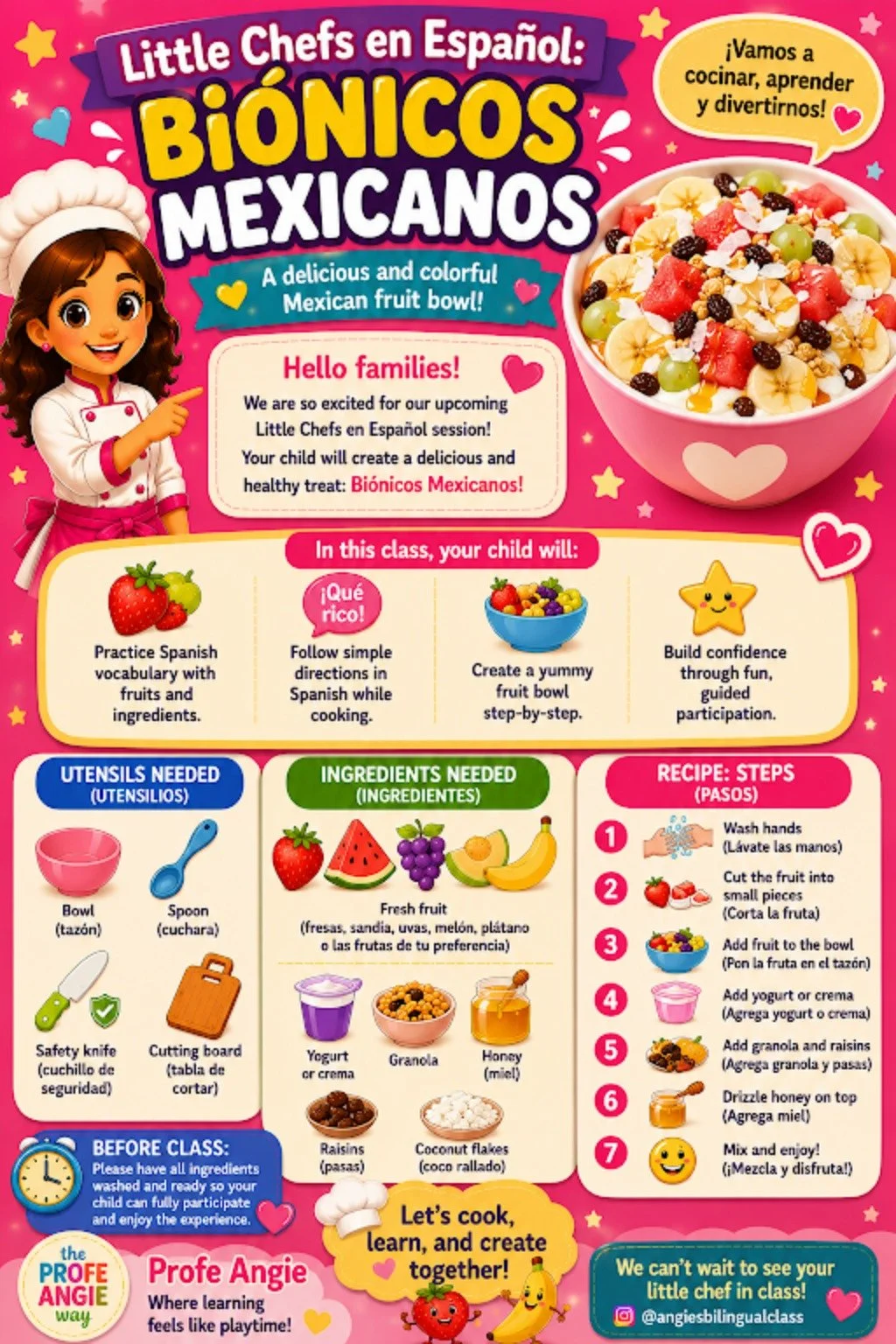 🍓👩&zwj;🍳 Little Chefs &amp; Junior Chefs start next week! In our classes, cooking is the vehicle&mdash;but language learning is the destination. 
As students prepare recipes from across Latin America, they build Spanish vocabulary, listening skill