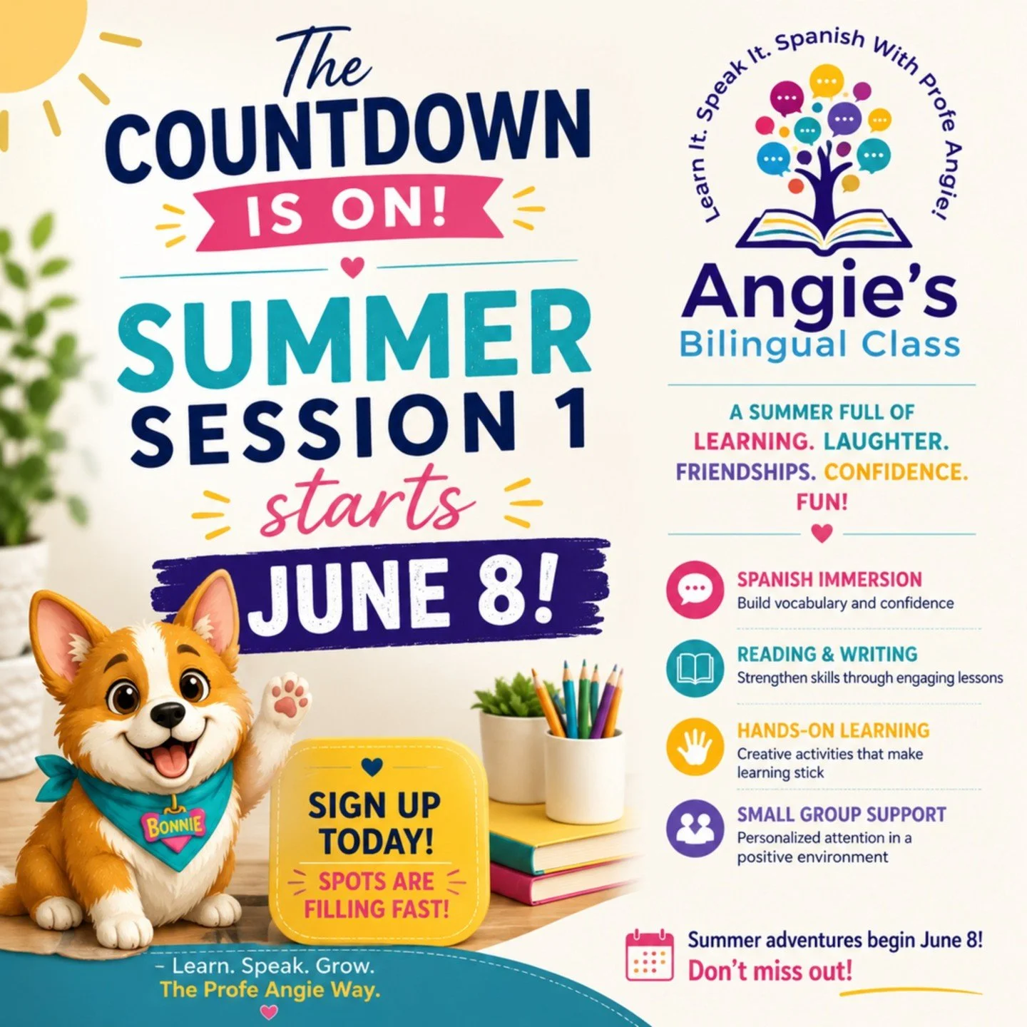 ☀️✨ SUMMER LEARNING THE PROFE ANGIE WAY ✨
☀️ The countdown is ON and Summer Session 1 begins June 8! 💻🌈
Get ready for a summer full of movement, confidence, laughter, creativity, and meaningful learning &mdash; even through a screen. 
💛 Families c