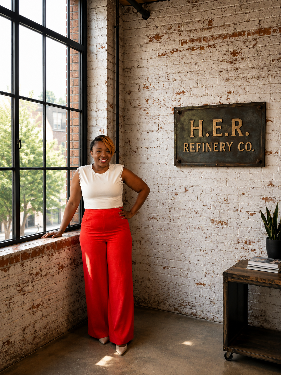 A woman with short hair and a bright smile standing in an industrial-style room with exposed brick walls and large window, next to a sign that reads 'H.E.R. Refinery Co.'