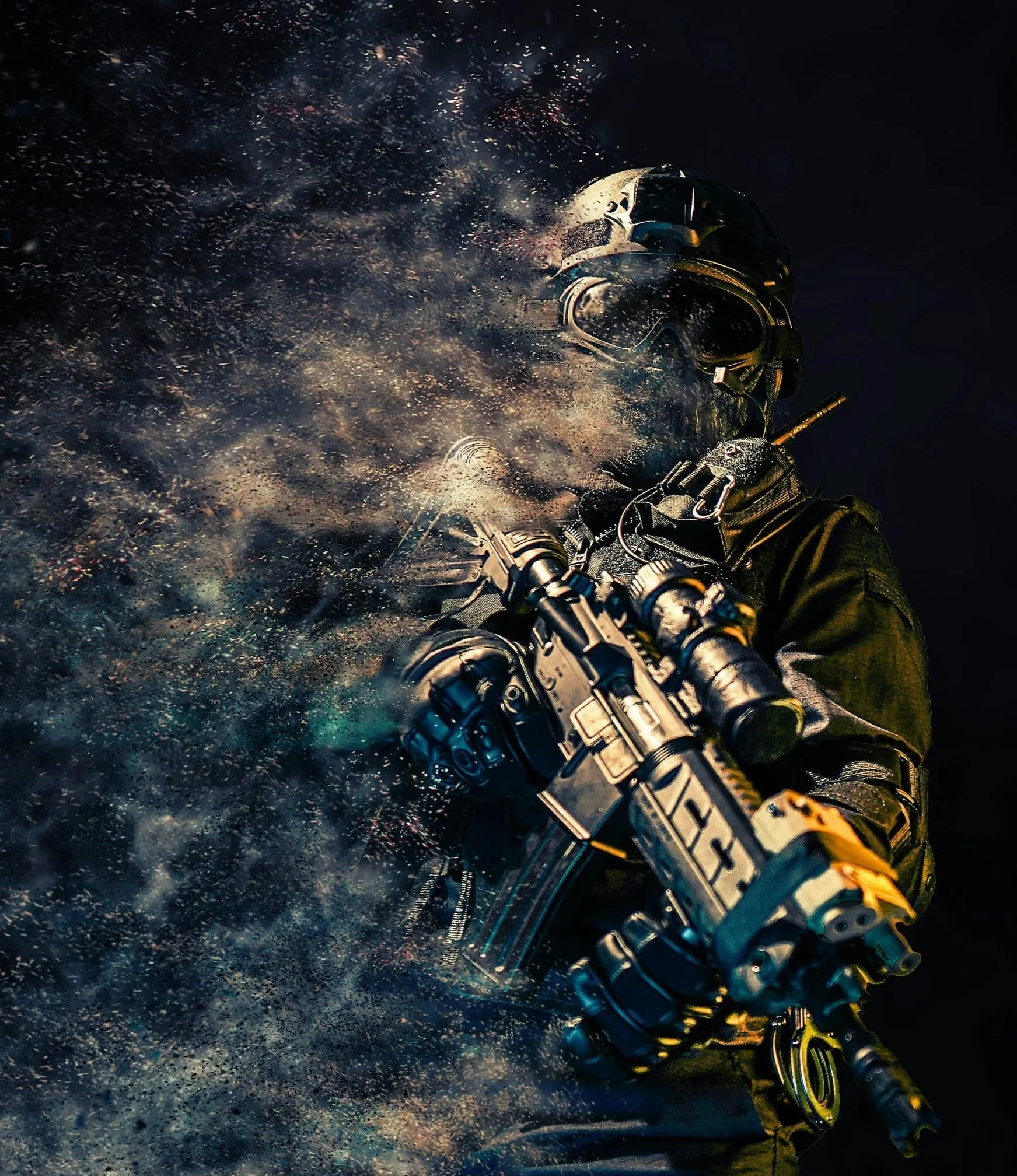 A person in tactical gear riding a black motorcycle at night, with sparks and debris flying around.