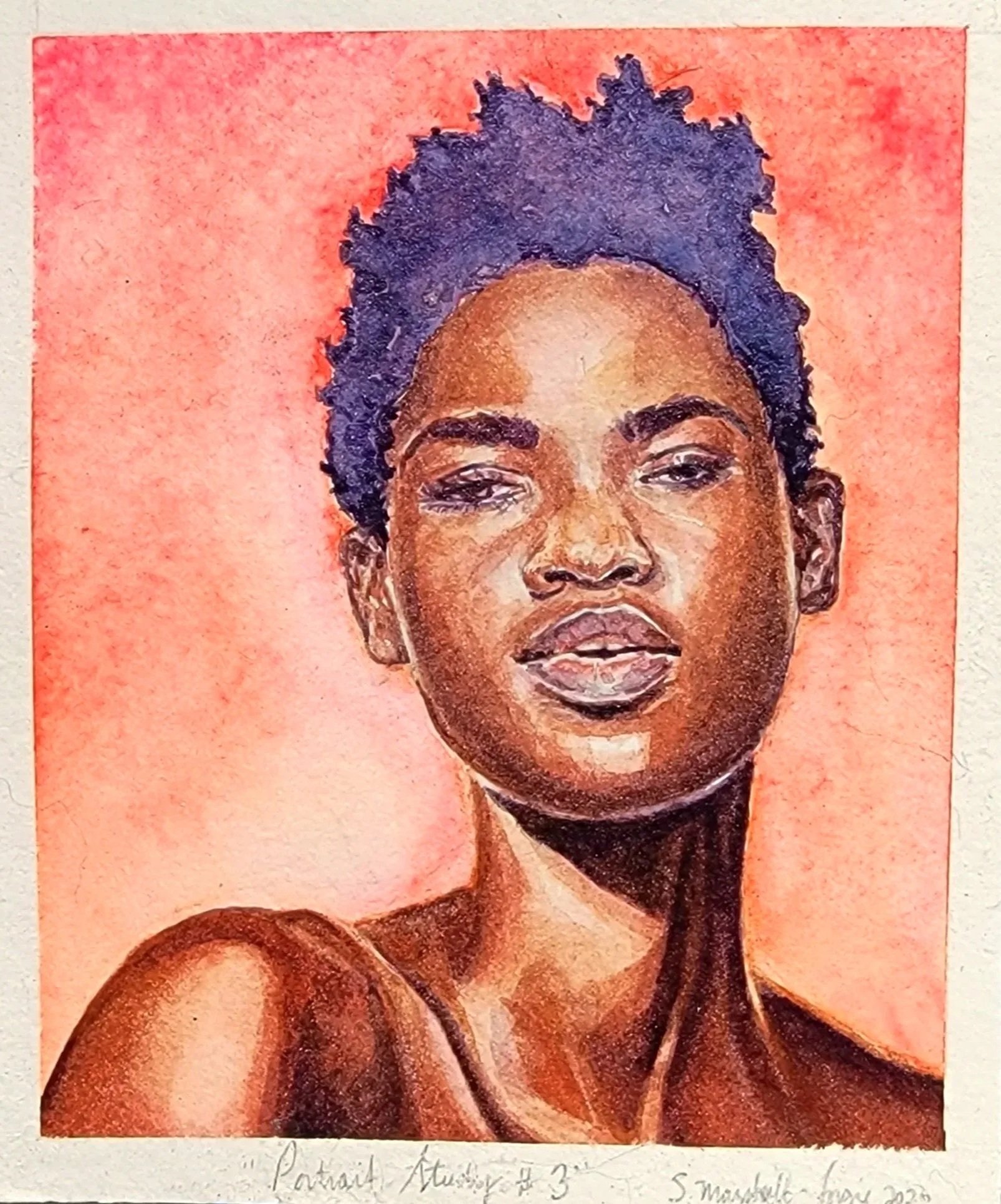 Watercolor Portrait Study of African American Woman with a peach rose background.