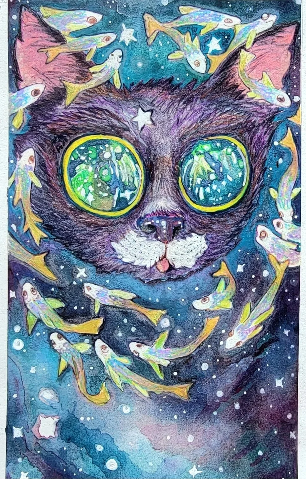 Watercolor Painting of dis embodied cat head with large eyes surrounded by small curious fish floating in space with stars.