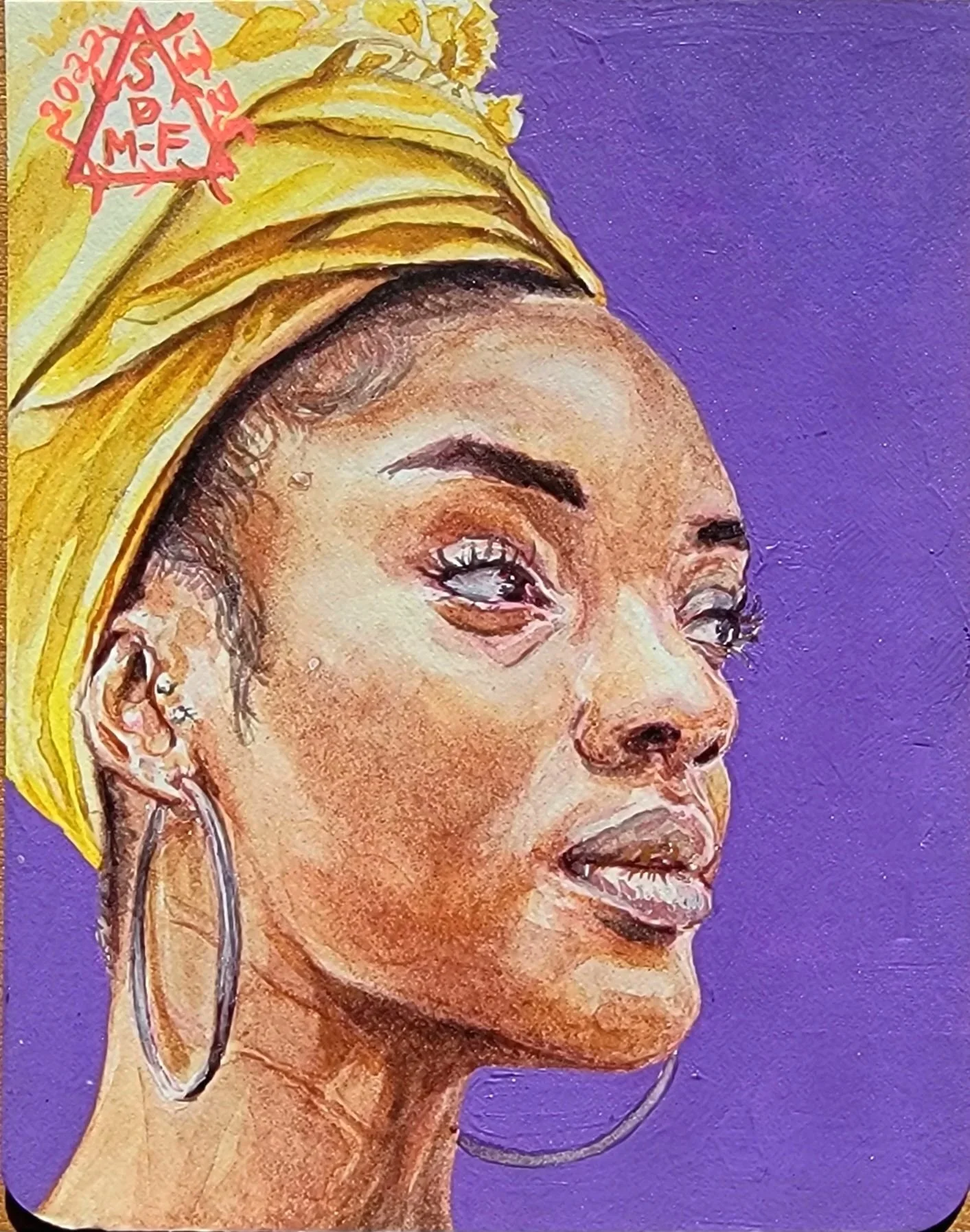 Watecolor Portrait Painting of young African American Woman with yellow headwrap and silver hoop earrings.