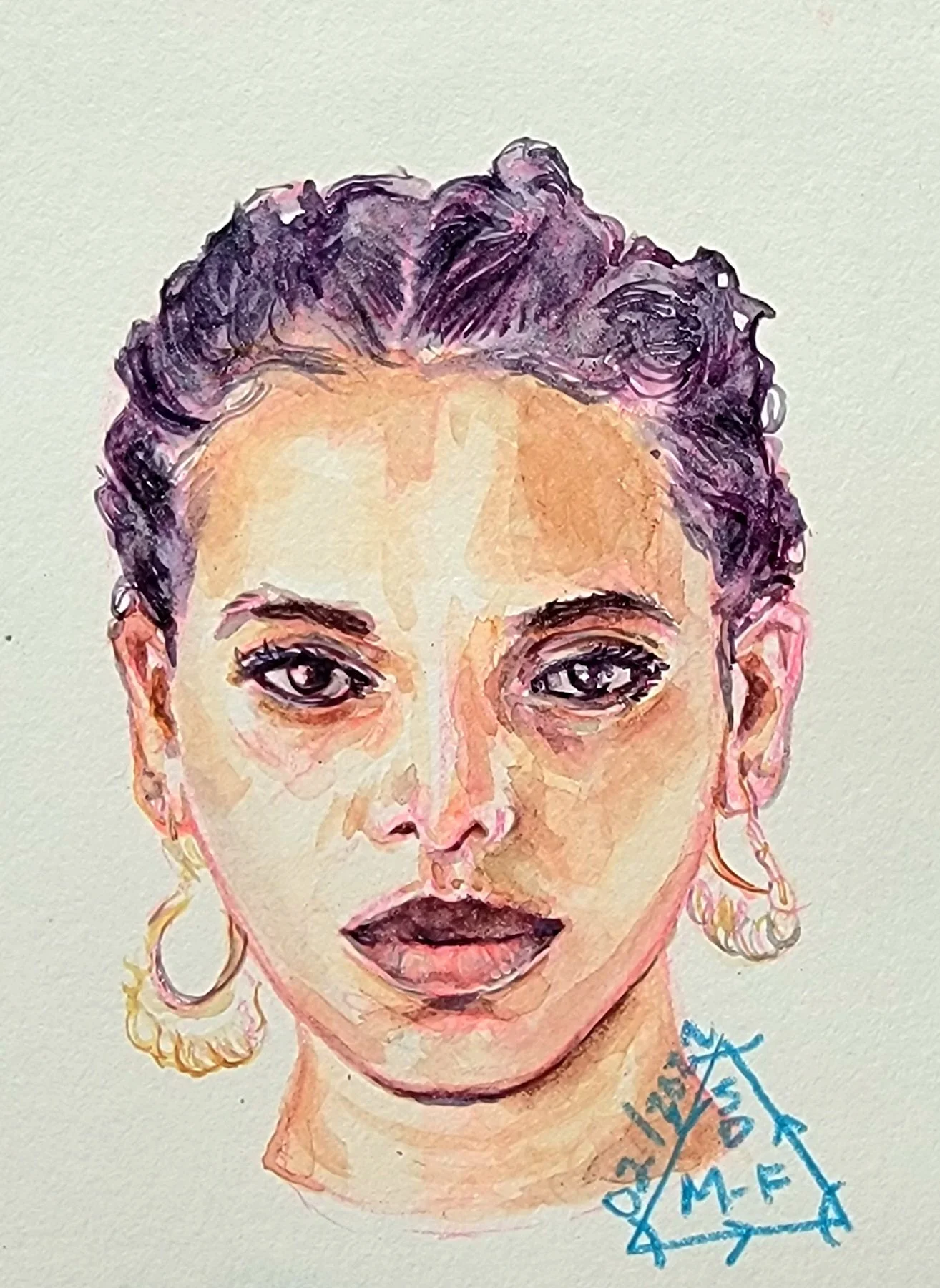 Watecolor Portrait Study of African Latina woman with gold earrings and pale background.