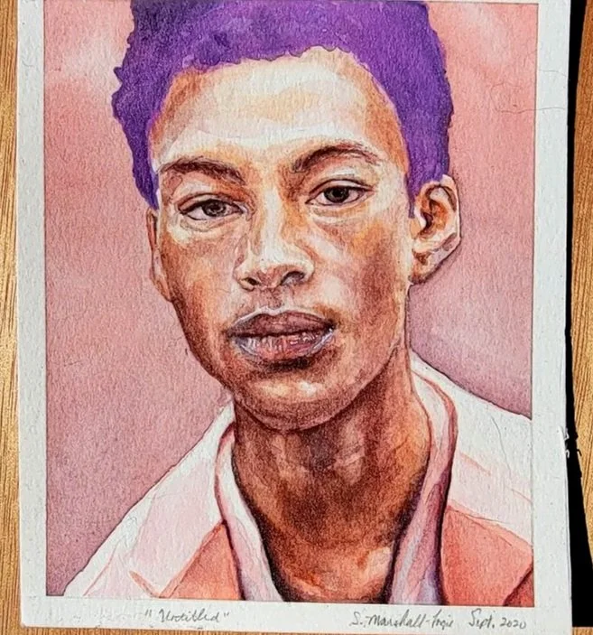 Watercolor Portrait Study of a young African American Man with violet hair and a peach background.