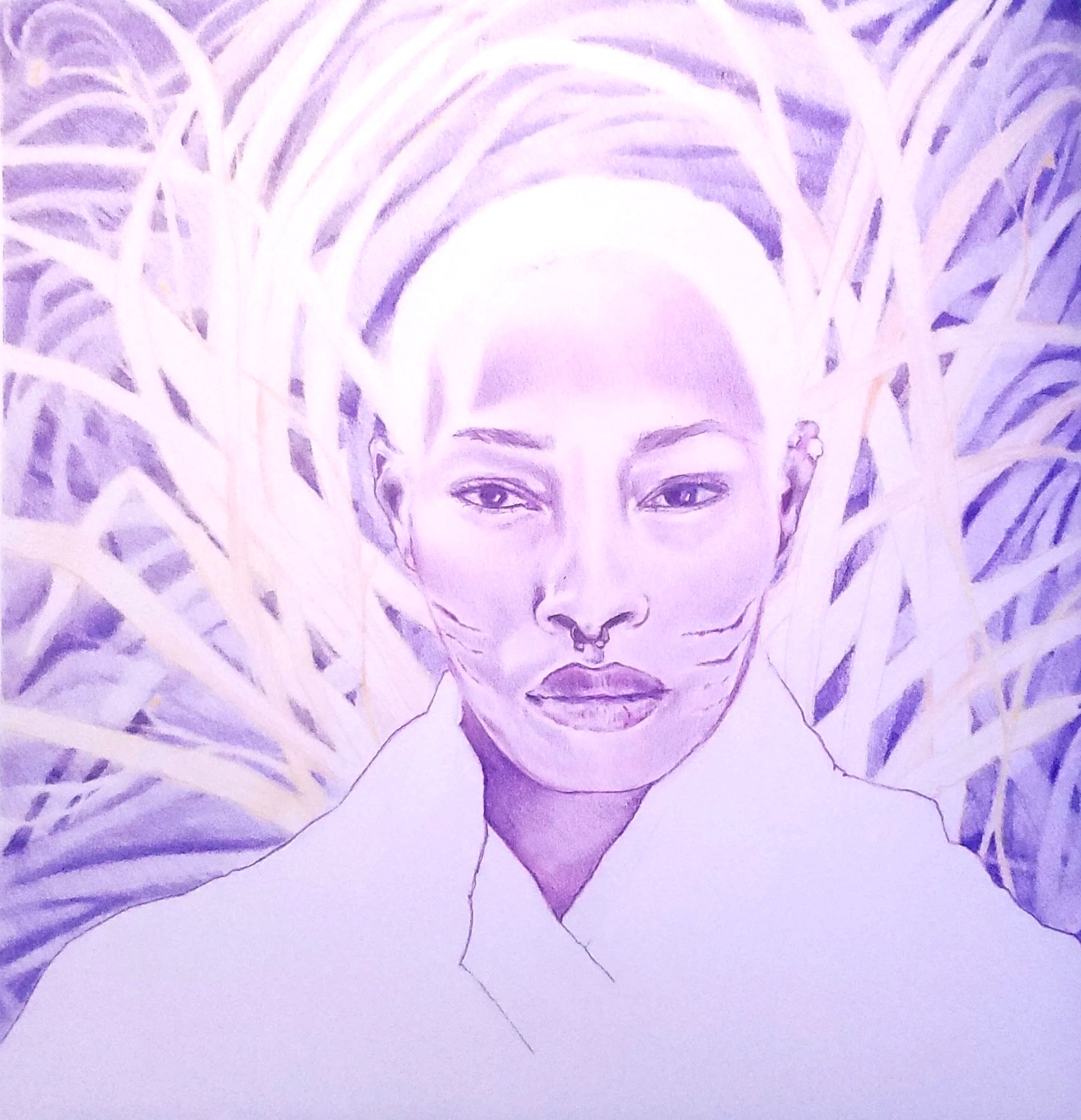 Colored Pencil drawing of African Woman in purples and pale yellows.
