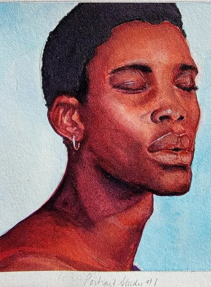 Watercolor Portrait Study of a young African American Man with their eyes closed with a light blue background.
