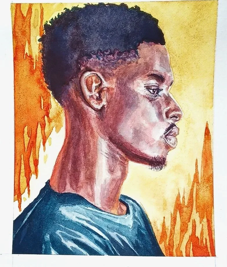 Watercolor Portrait Painting of young African American Man with orange and yellow background.