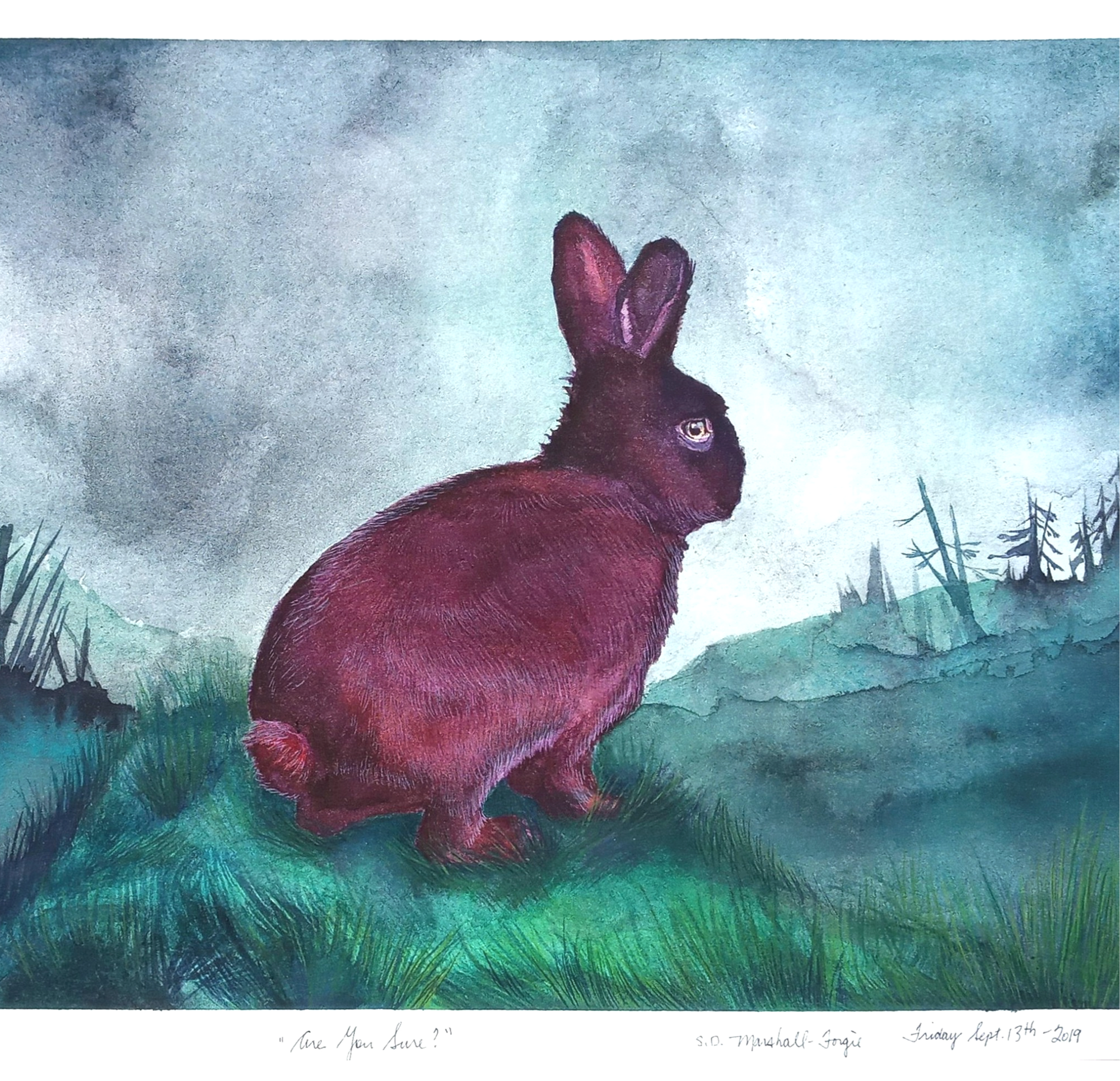 Watercolor Painting of red rabbit in green field and grey skyscape.