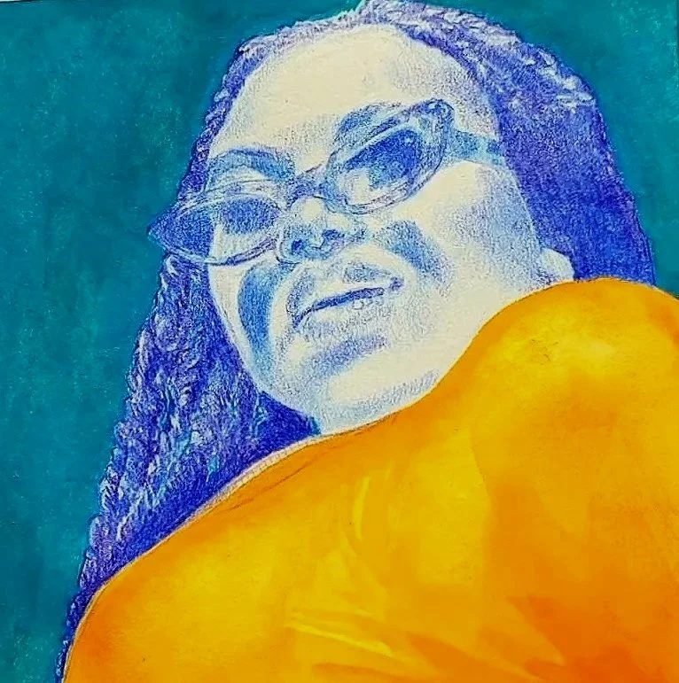 Portrait Drawing Study of African American woman with sunglasses in blues and tangerine sweater with a dark teal background.