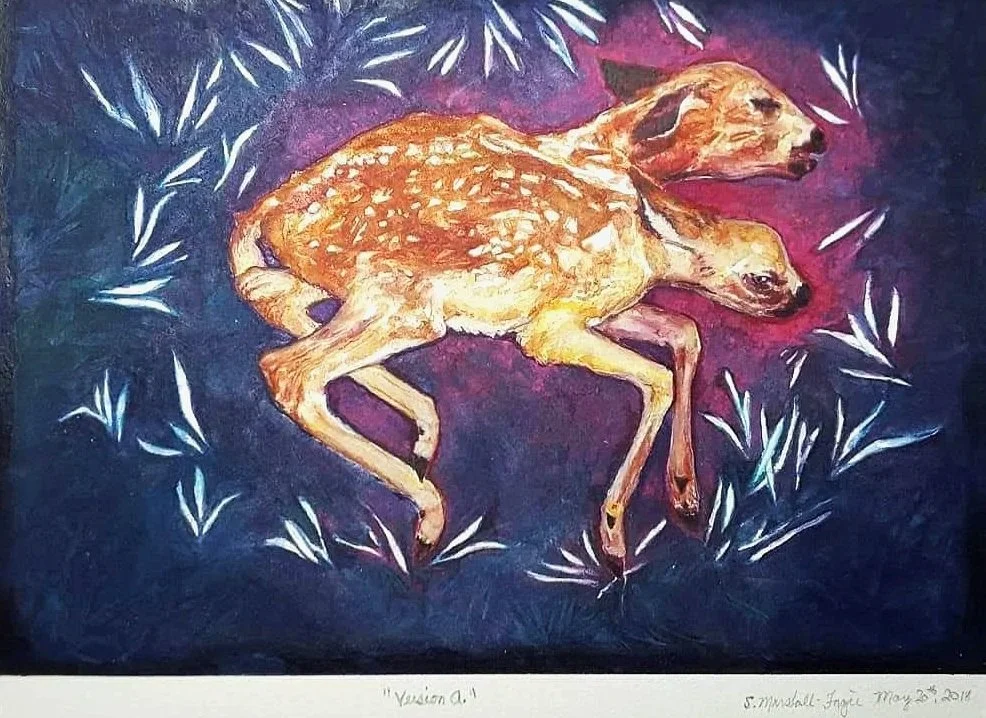 Watercolor Painting of a decease two head fawn surrounded by white grass and dark blue pink background.