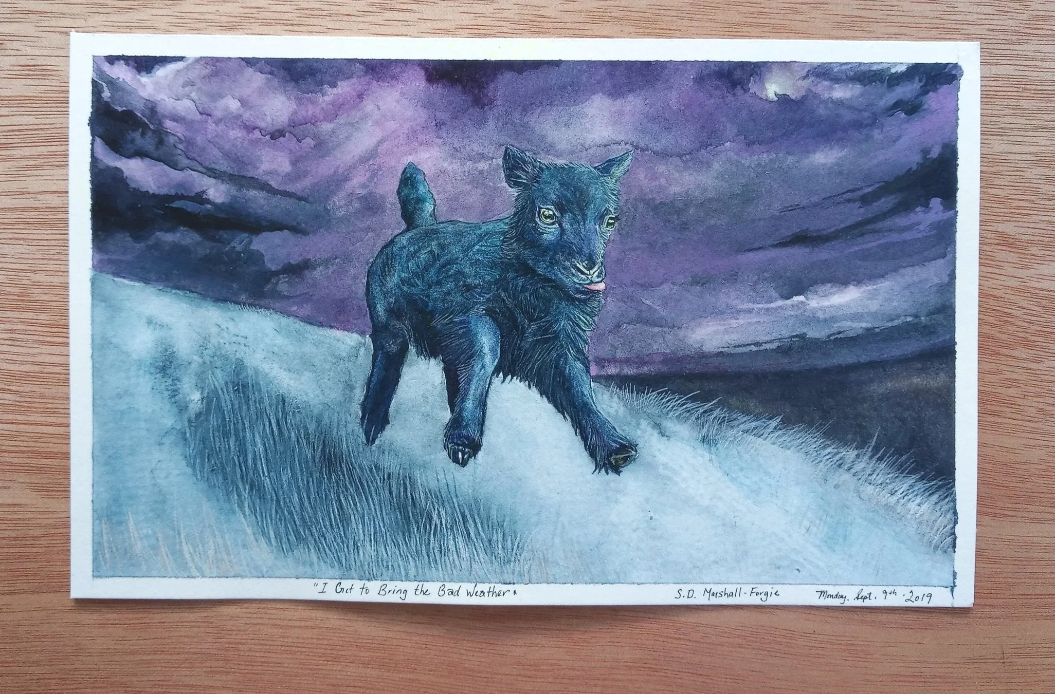 Watercolor Painting of Small Exuberant Blue Baby Goat trotting down a blue grassy hill while violet storm clouds follow behind and a dark see lies in wait.