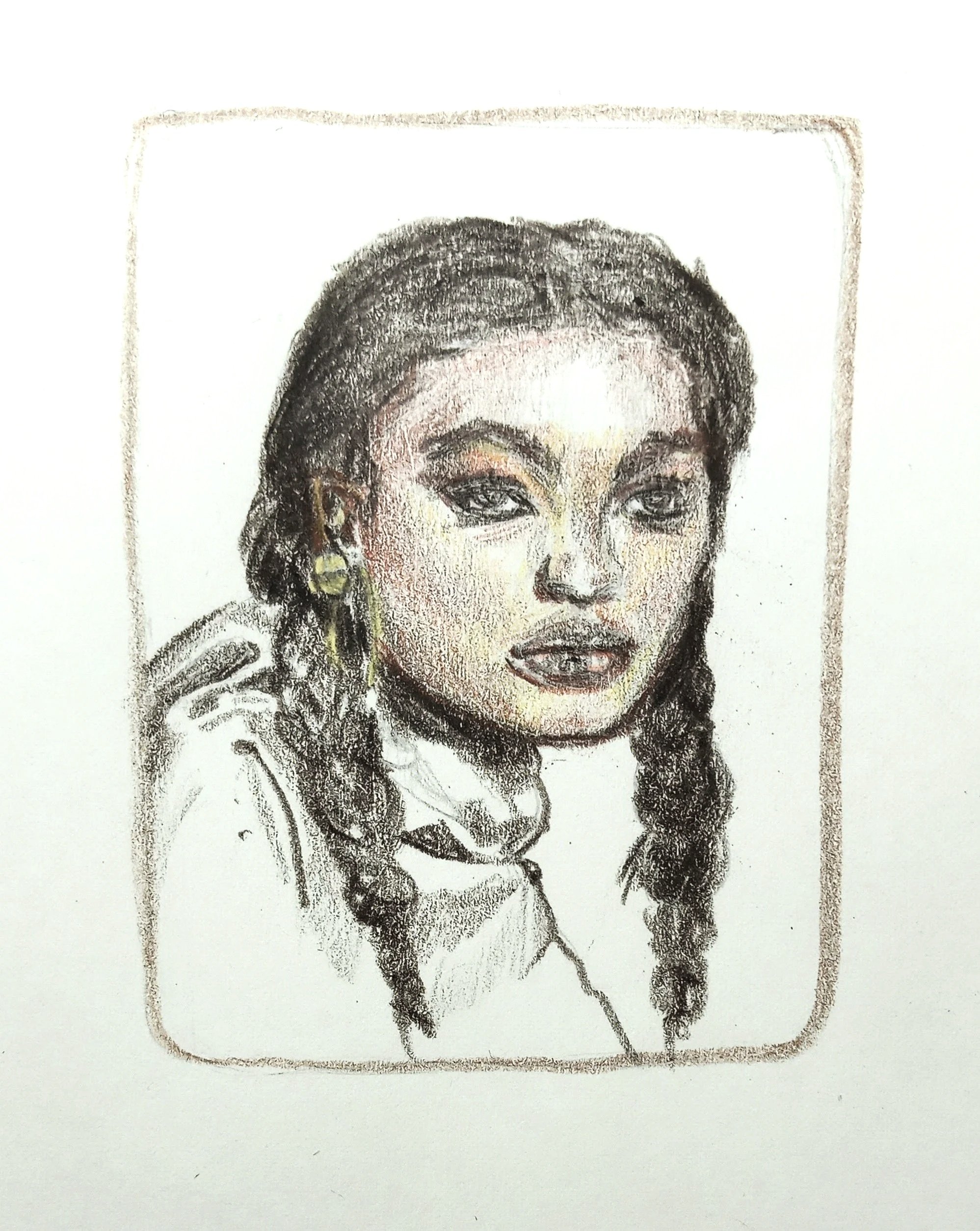 Portrait Drawing Study of young woman in colored pencils.