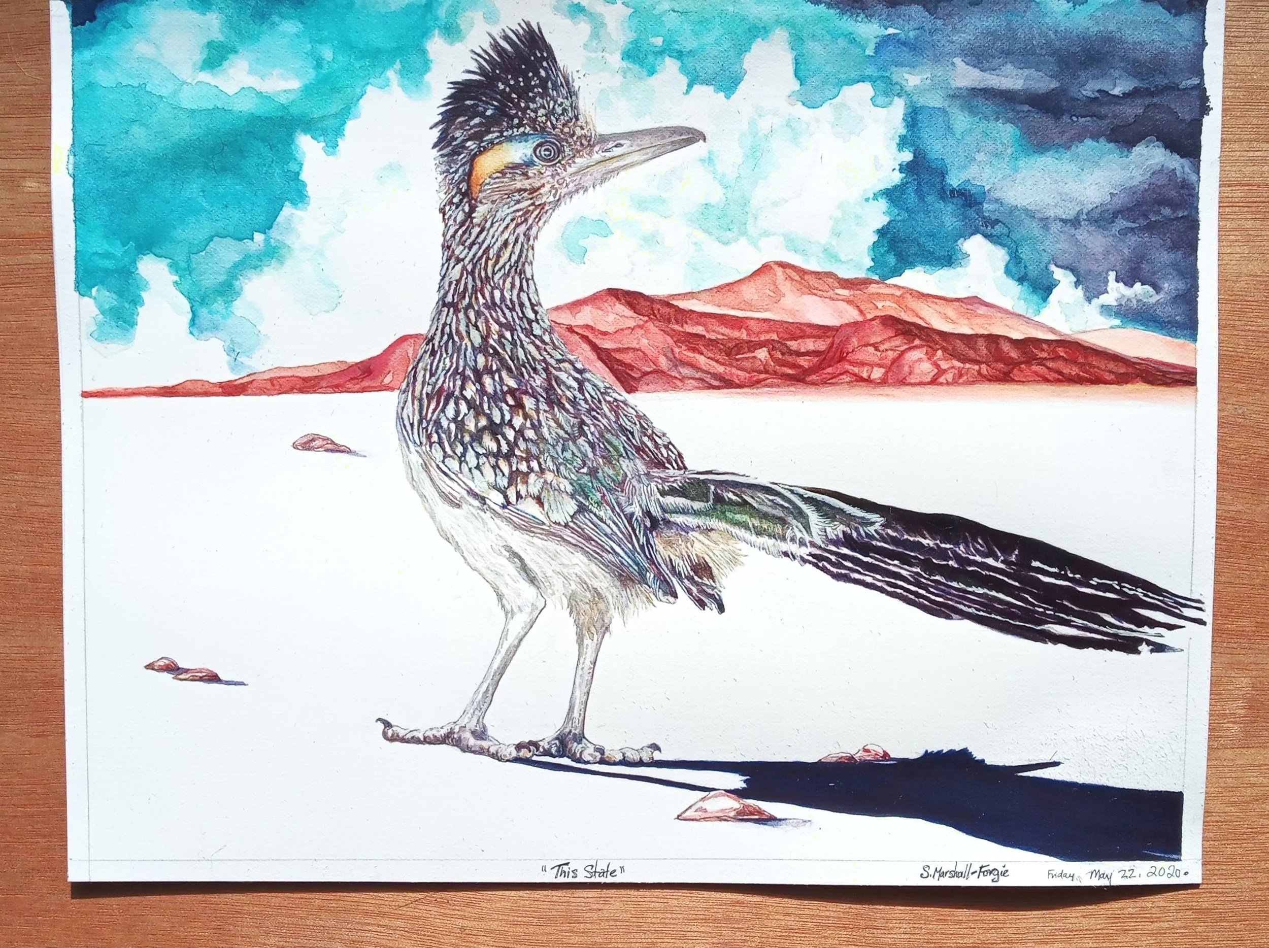 Watercolor Painting of Road Runner in white landscape with a red mountain range against a blue skyscape.