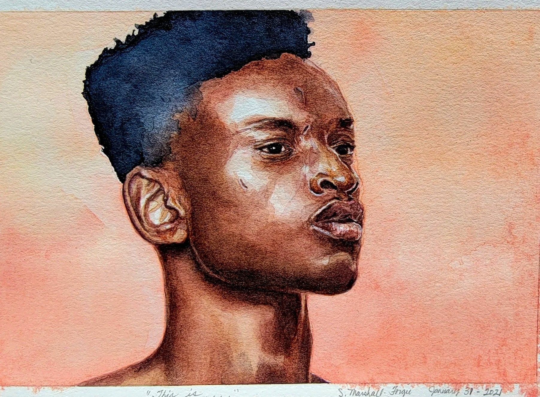 Watercolor Portrait Painting of young African American Man.