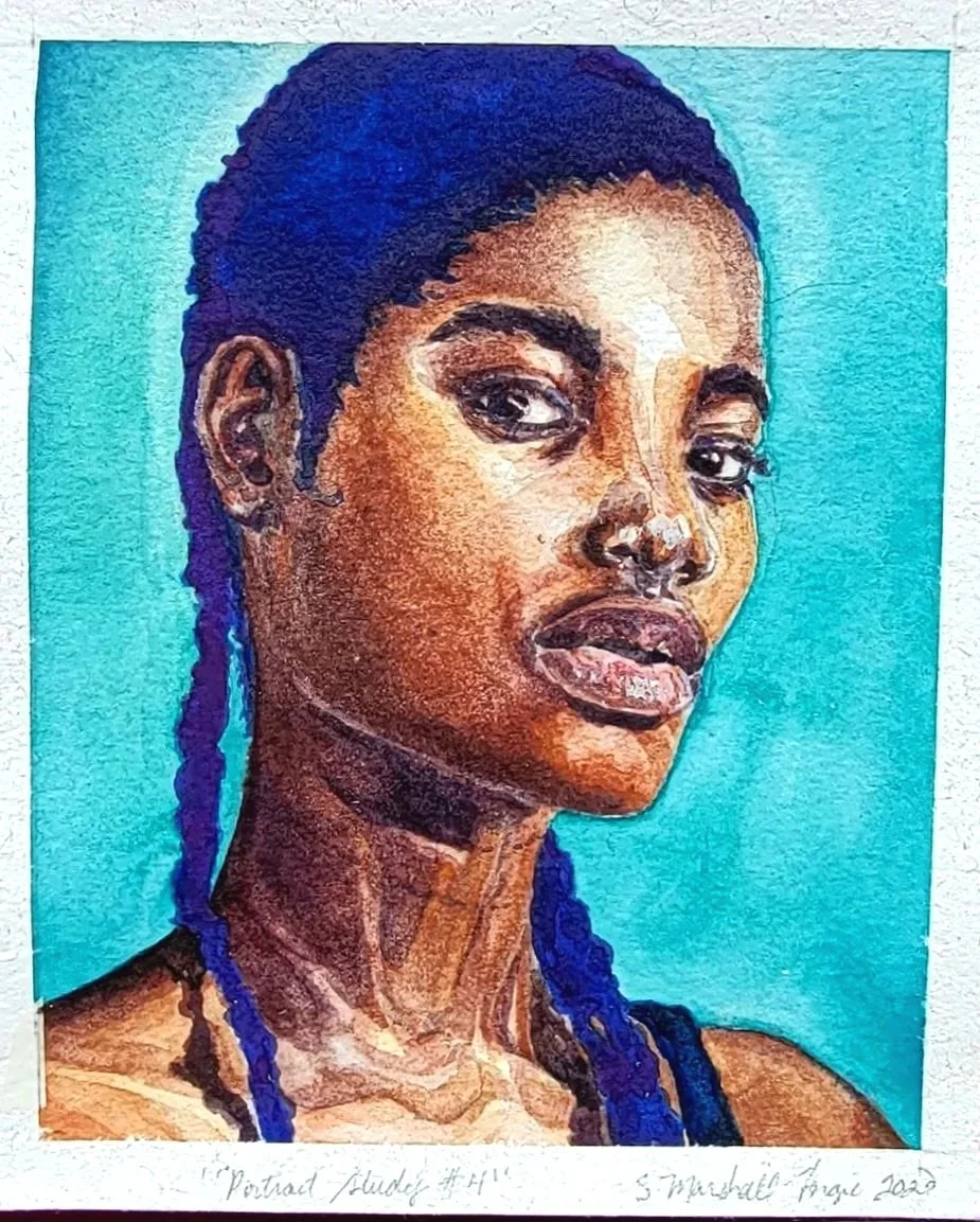 Watercolor Portrait Study of African American woman in two breads with a bright teal background.